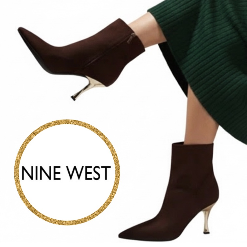 Nine West Brown Suede Pointed Toe Gold Stiletto Ankle Boots Women’s 8.5 NWOB